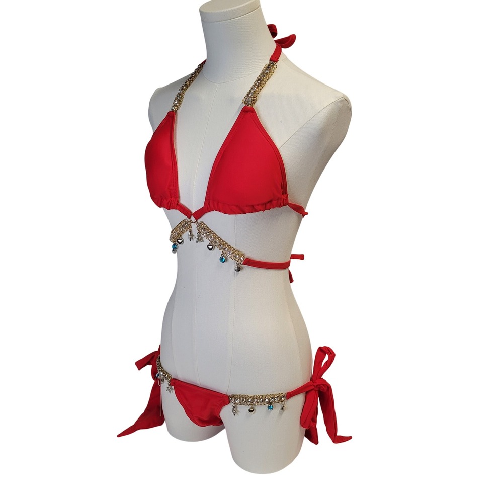 Sexy Red Charm Chain Bikini Set Two Piece Swimsuit NWT Swim Fun Pool Halter